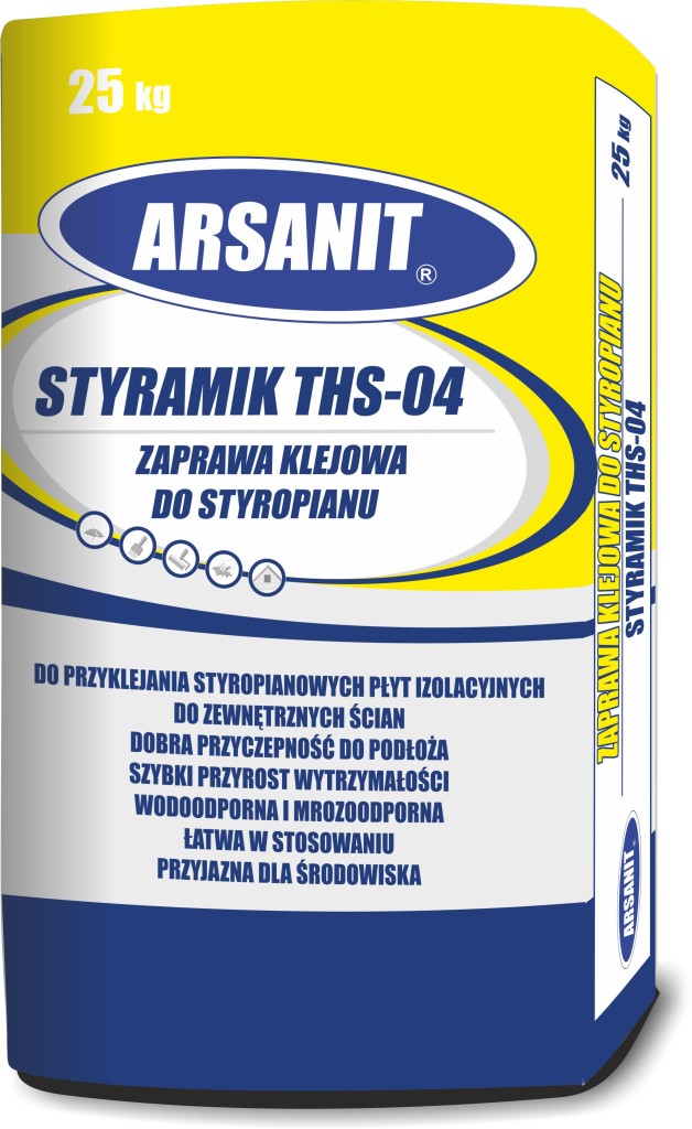 Wodoodporny, specjalistyczny klej STYRAMIK THS-04 marki ARSANIT do mocowania płyt styropianowych. Fot. ARSANIT